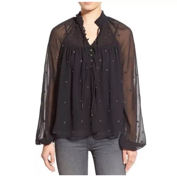 Boho Chic Free People Black Shear Polka dot Blouse Size Medium - Picture 1 of 13